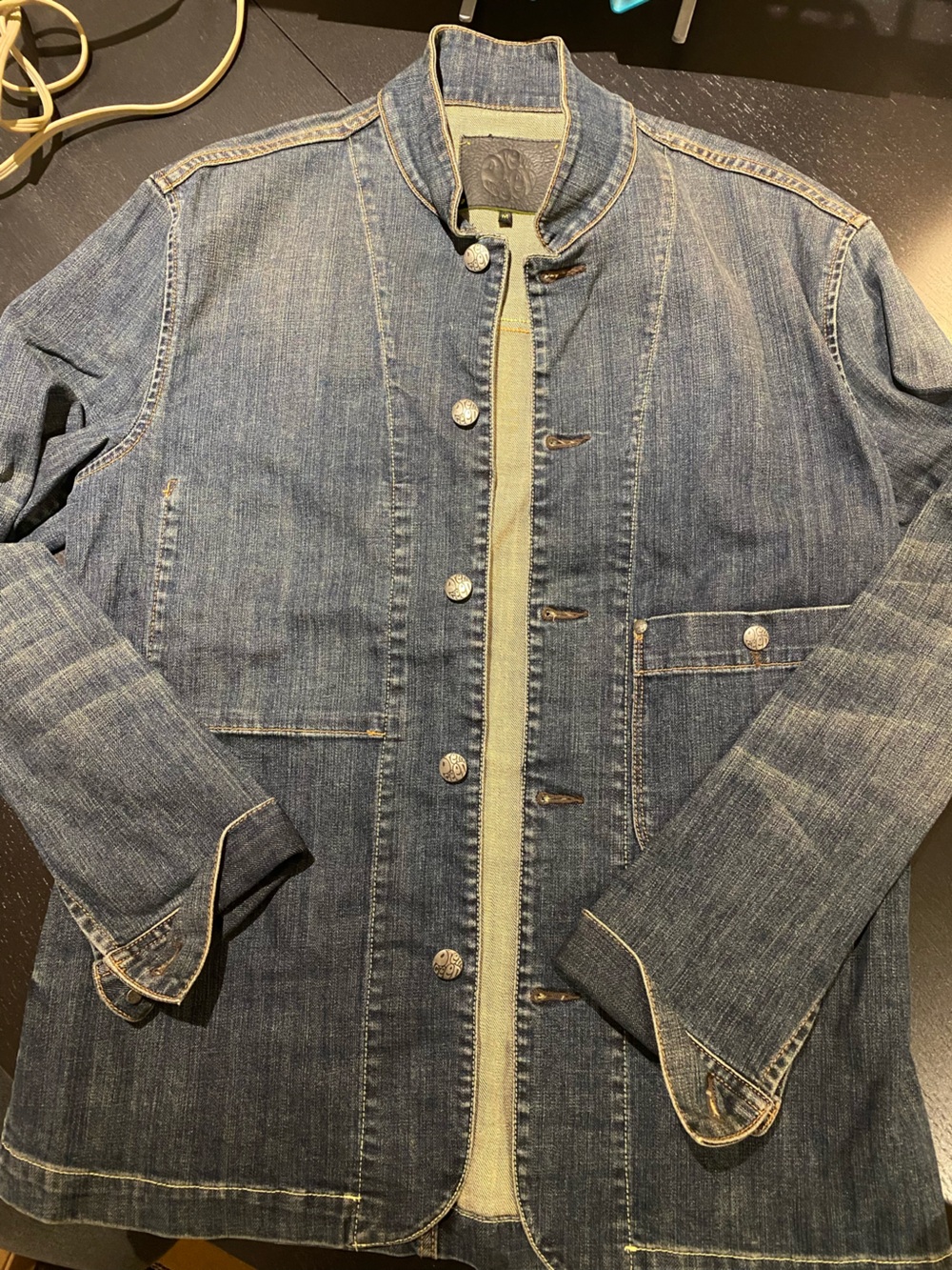 Pretty Green Blue Denim Jacket with Band Collar